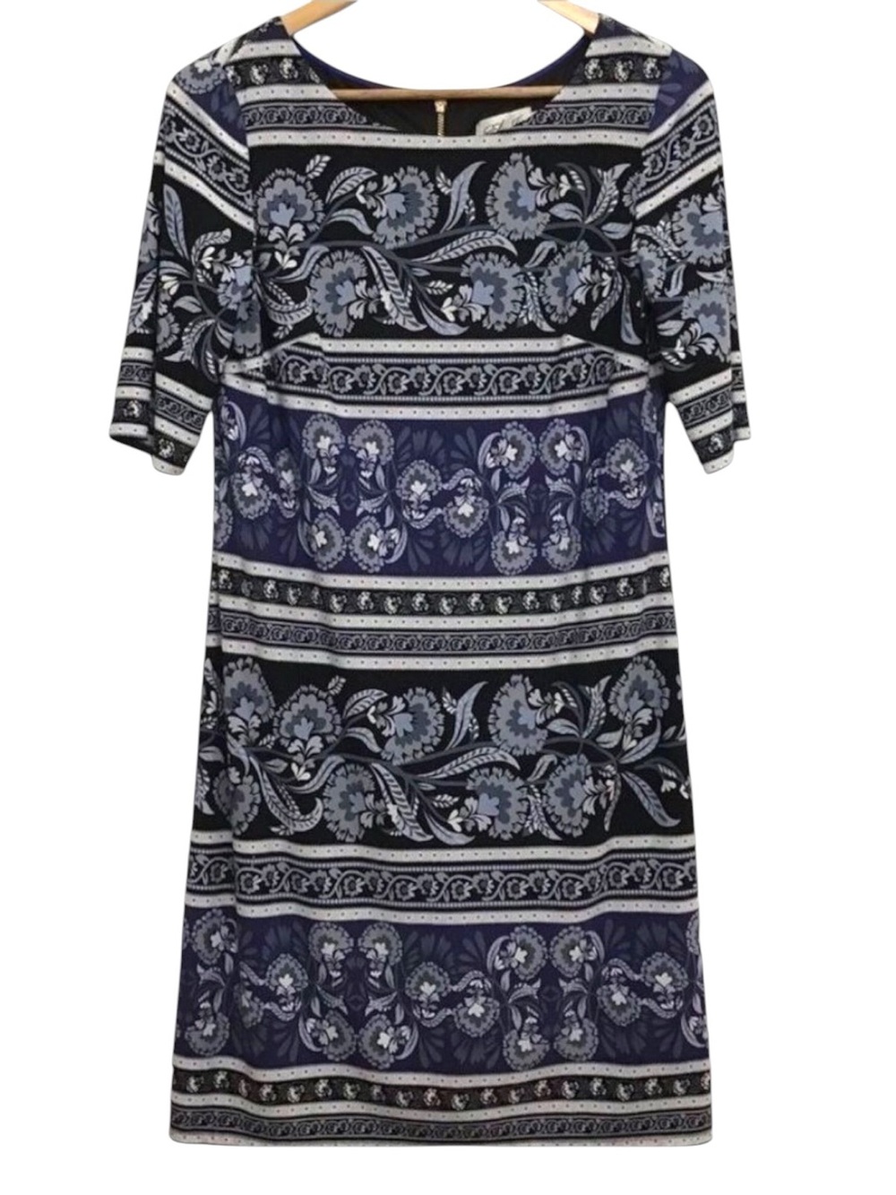 ELIZA J. Dress blue white floral stripes jersey short sleeves scoop neck gold 10